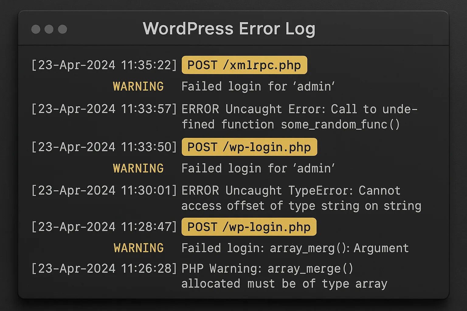 WordPress log excerpt with suspicious POST requests highlighted