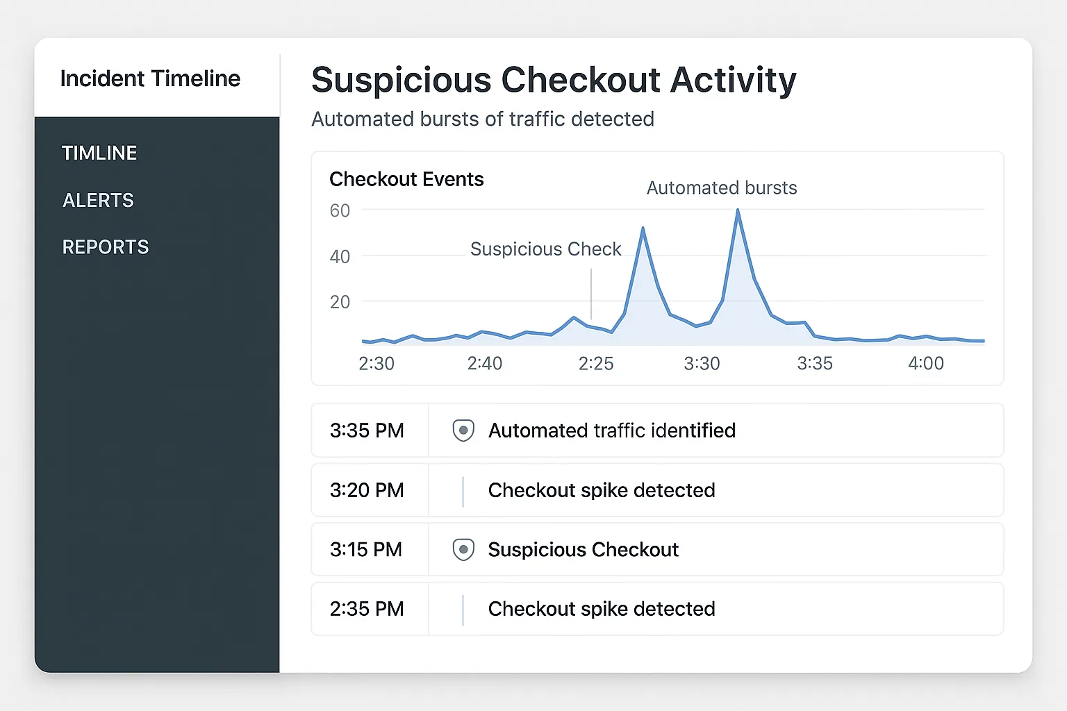 Incident timeline dashboard showing suspicious checkout bursts