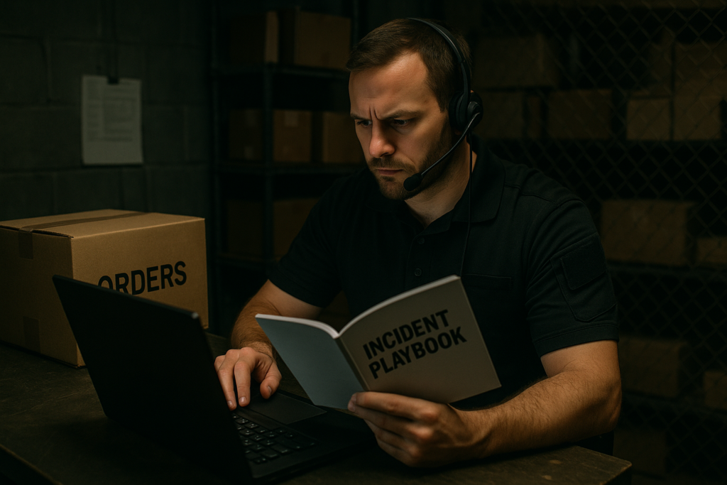 Operator reviewing an incident playbook beside warehouse order boxes