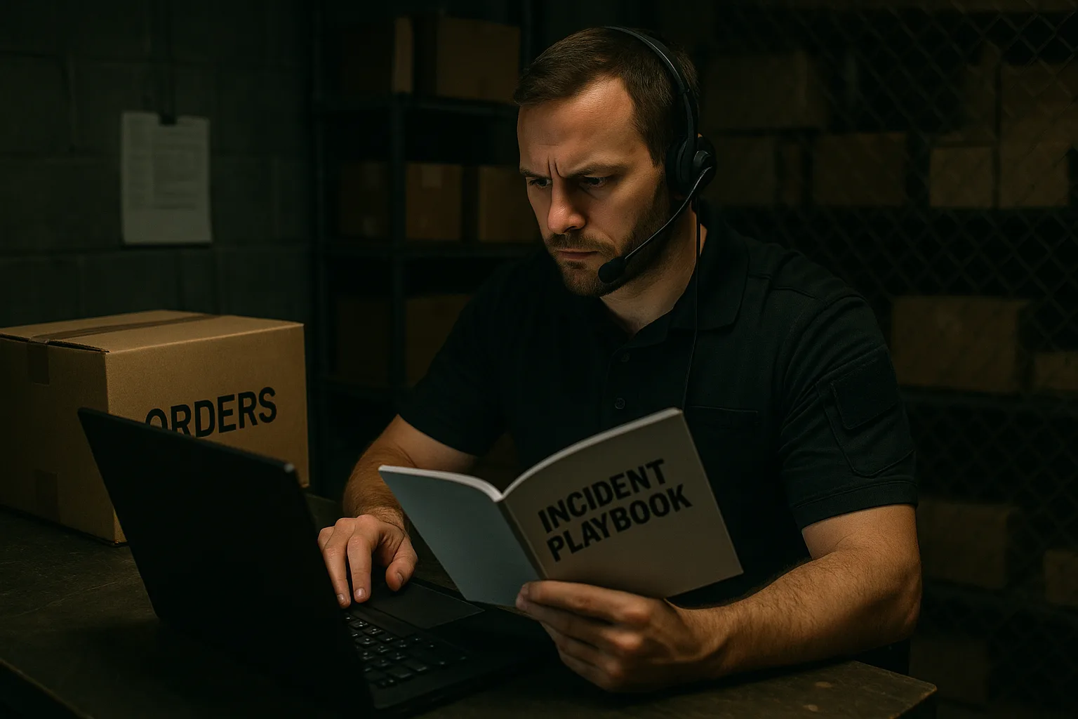Operator reviewing an incident playbook beside warehouse order boxes