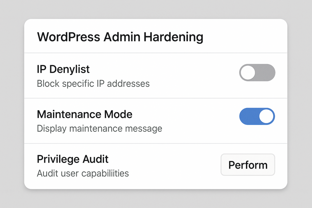 Mockup of admin hardening UI showing denylist and maintenance mode