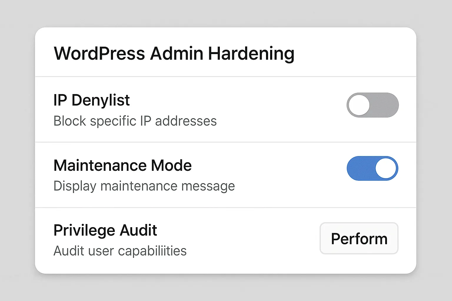 Mockup of admin hardening UI showing denylist and maintenance mode