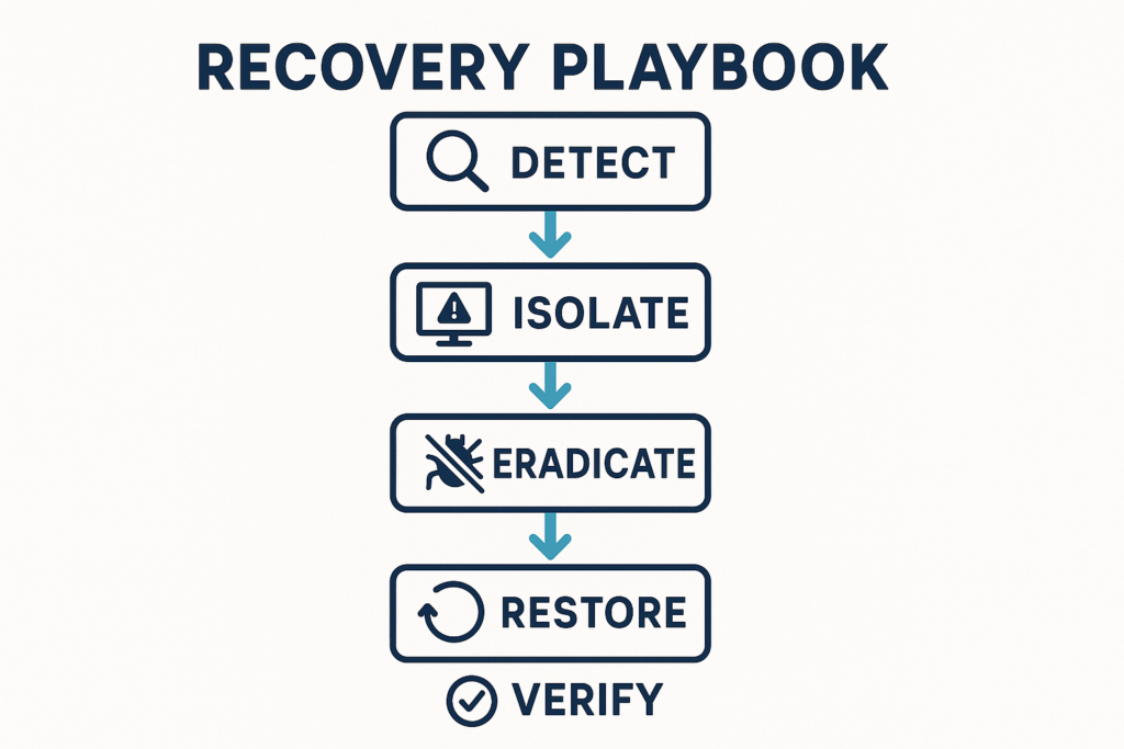 Recovery playbook timeline flowchart from detection to verification