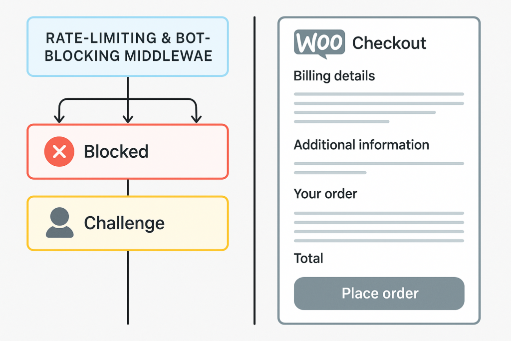 Visualization of rate-limiting and bot-blocking middleware protecting a checkout