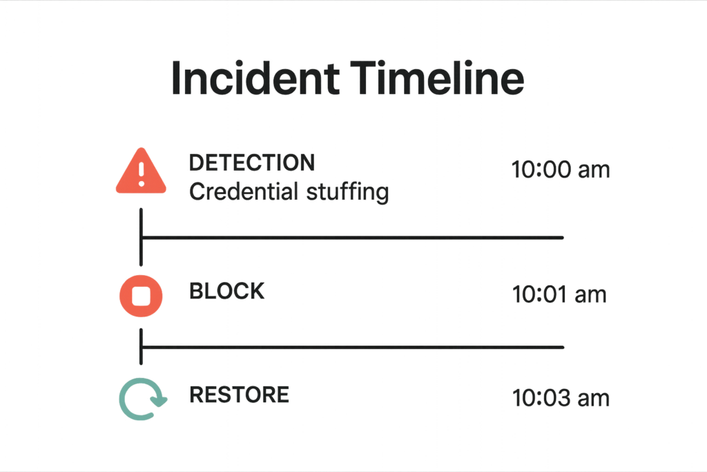 Incident timeline mockup showing detection, block, and restore after credential stuffing.