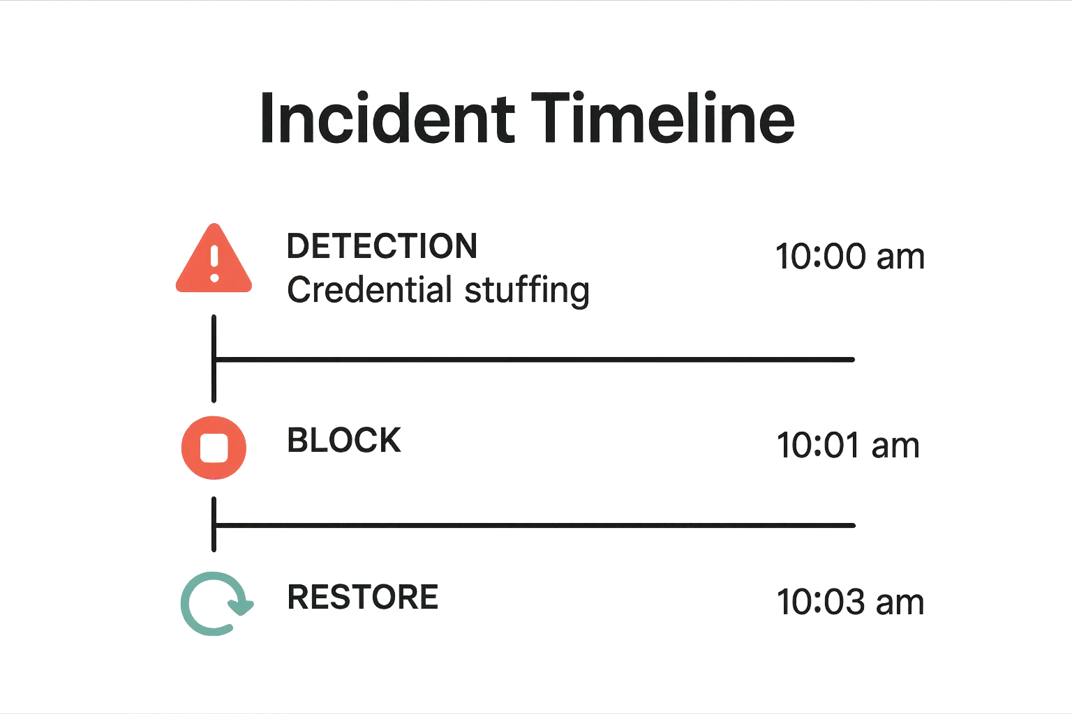Incident timeline mockup showing detection, block, and restore after credential stuffing.
