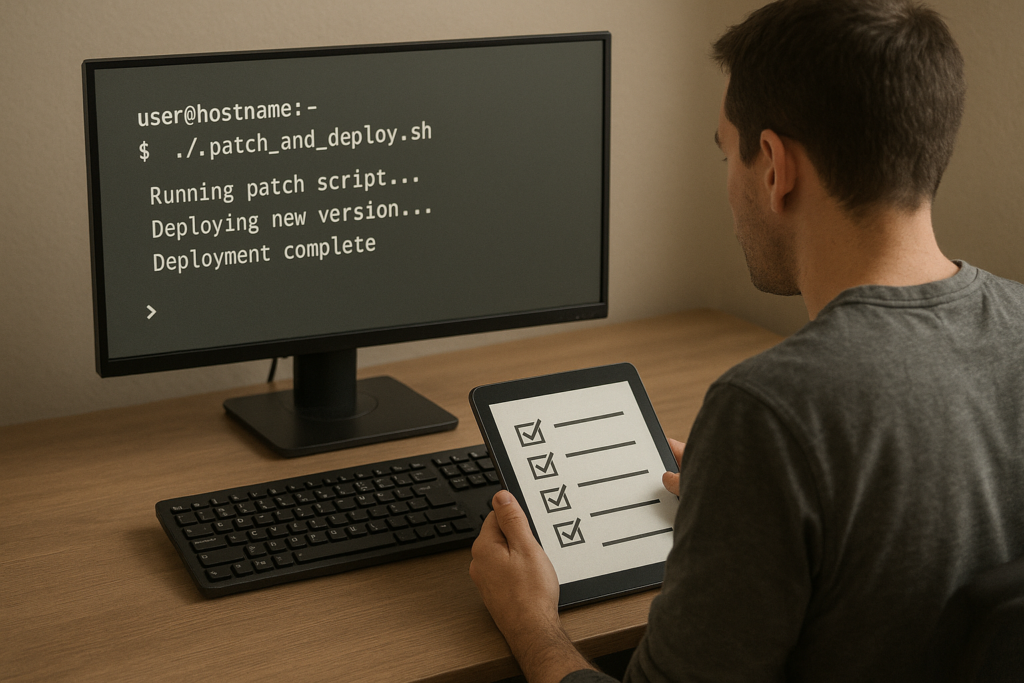 Operator applying patches with checklist on tablet