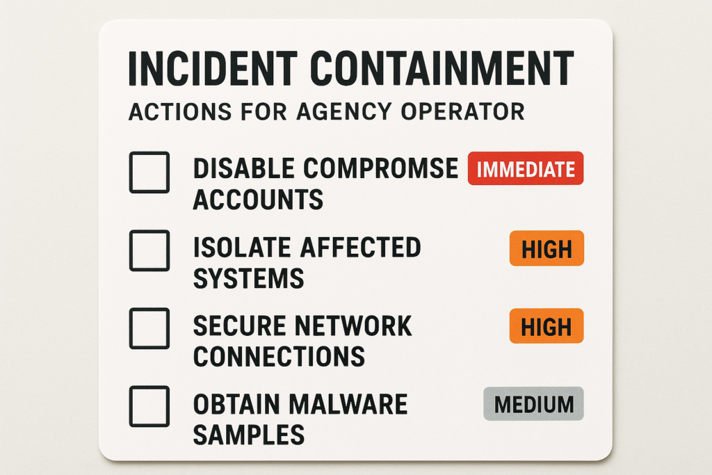 Incident containment checklist card for agency operators