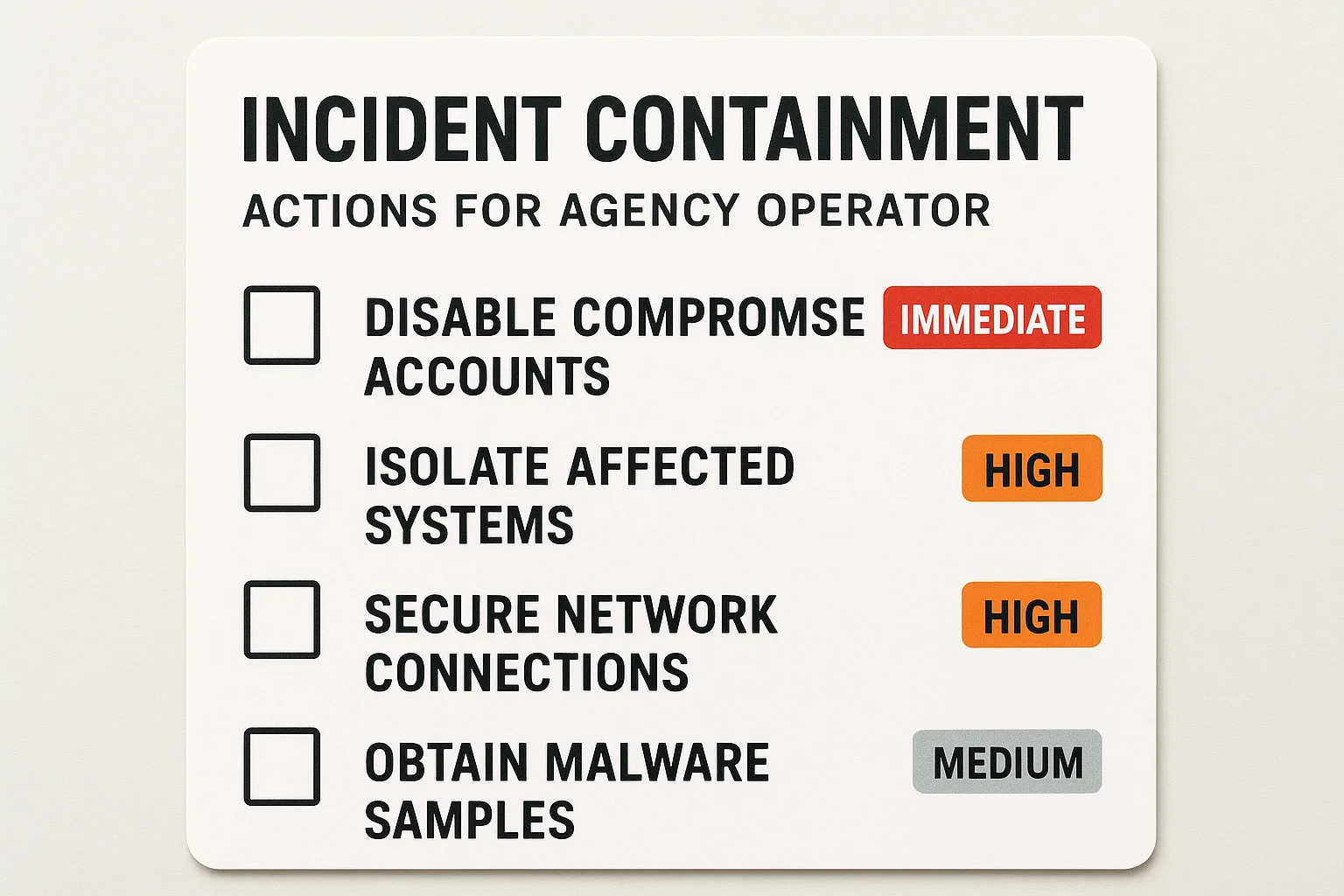 Incident containment checklist card for agency operators
