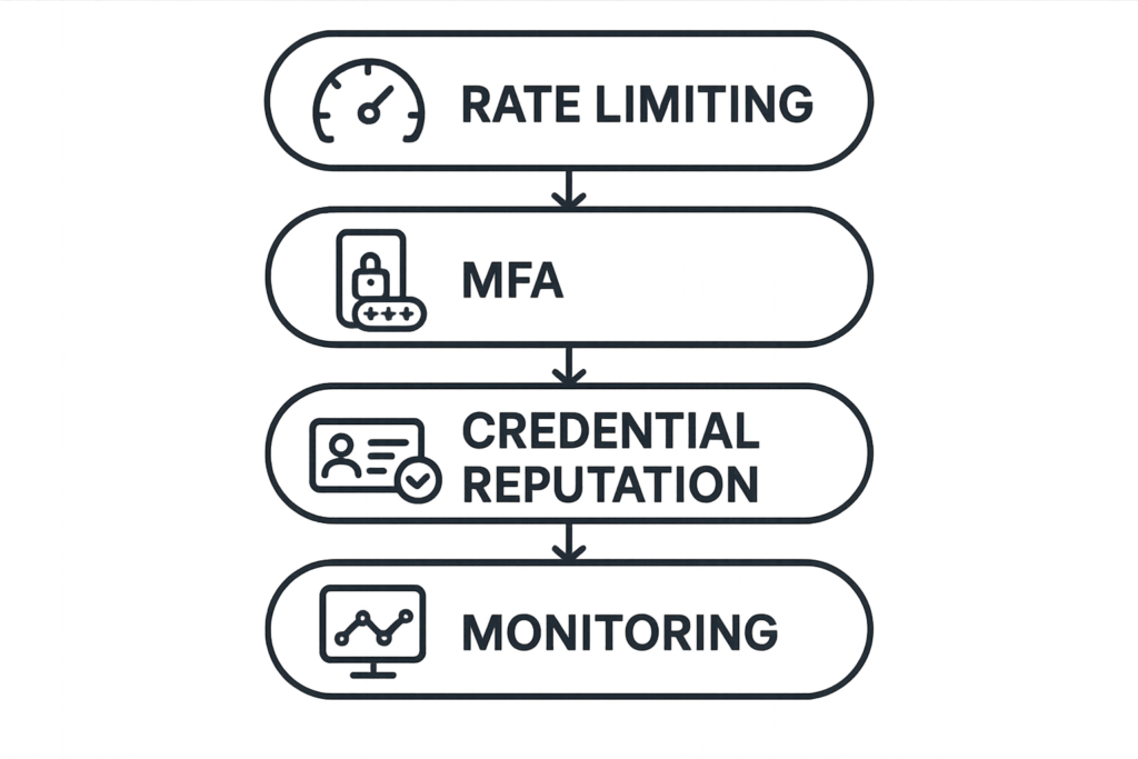 Layered defenses diagram: rate limiting, MFA, credential reputation, monitoring