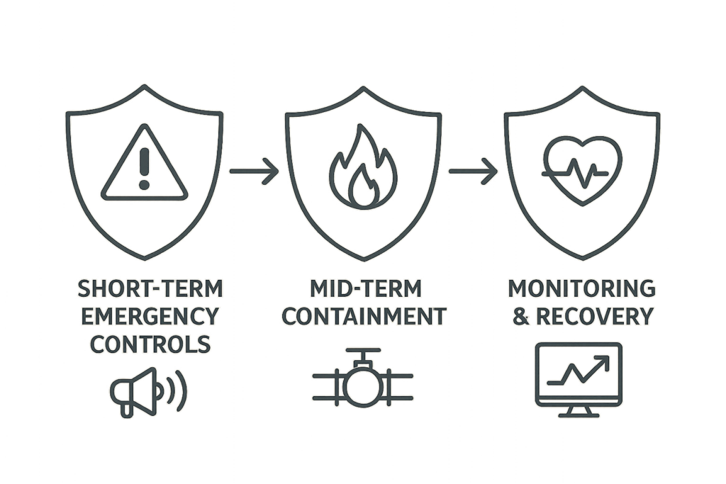 Layered defense diagram: emergency controls to recovery