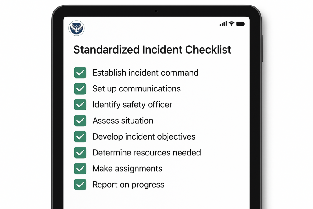 Mock checklist on tablet showing completed containment tasks