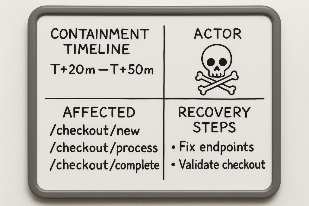 Incident whiteboard with containment timeline and recovery steps