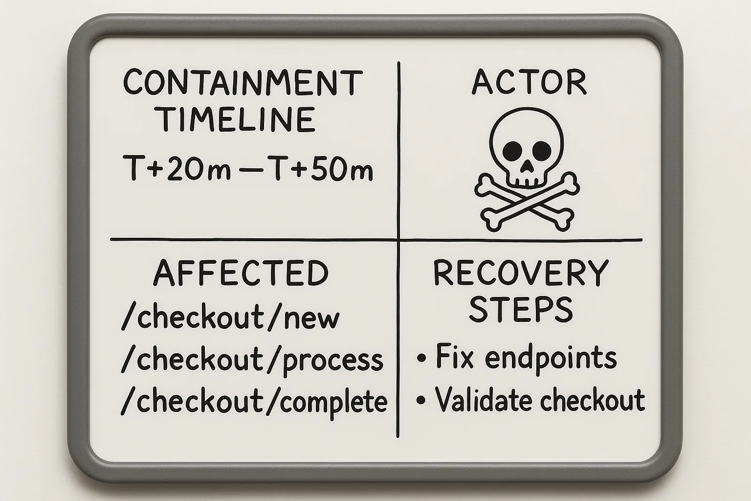 Incident whiteboard with containment timeline and recovery steps