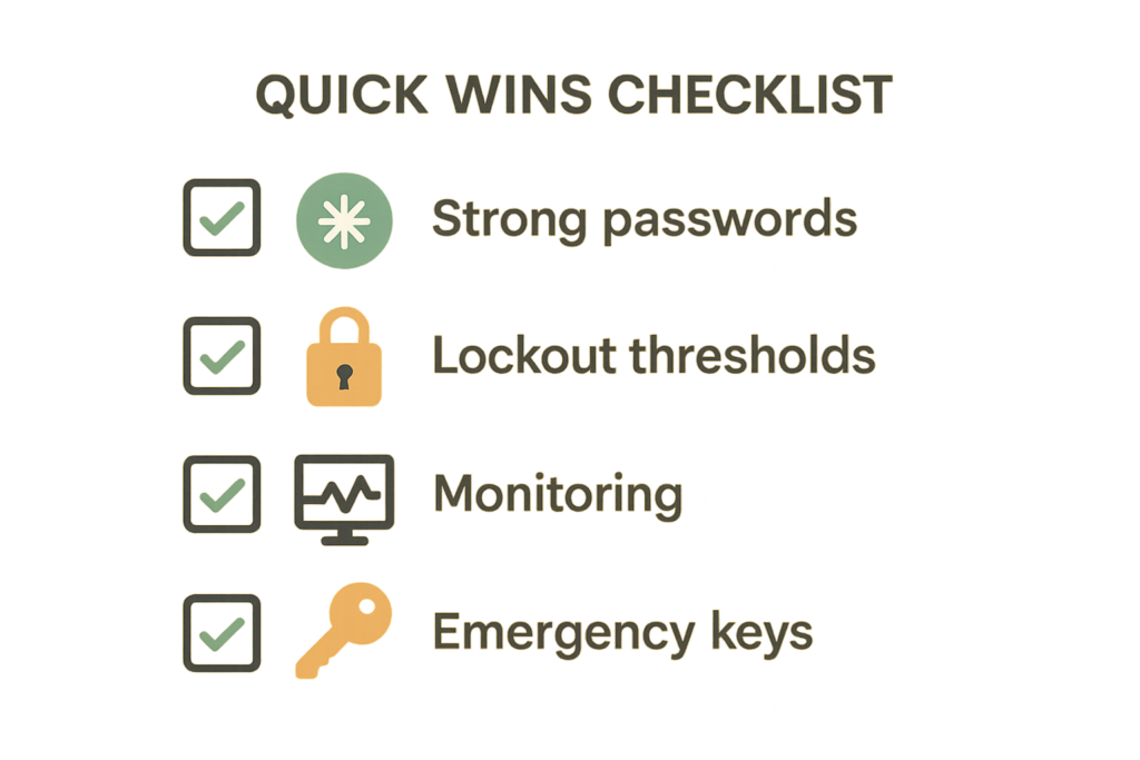 Graphic of a checked quick-wins hardening checklist for WordPress.