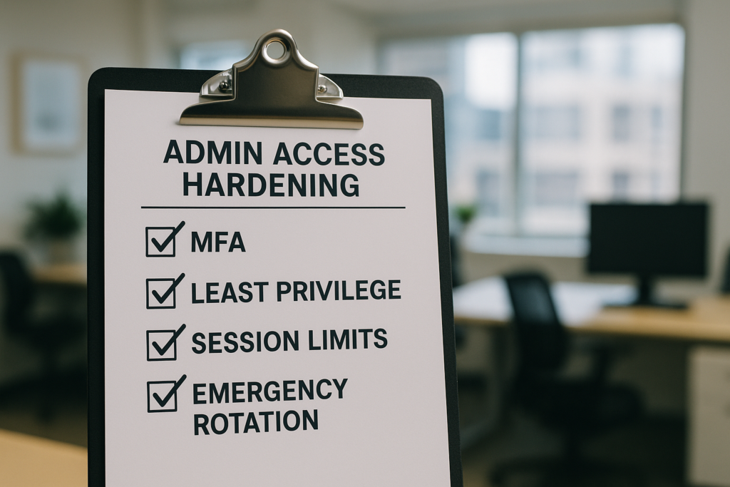 Admin access hardening checklist on clipboard
