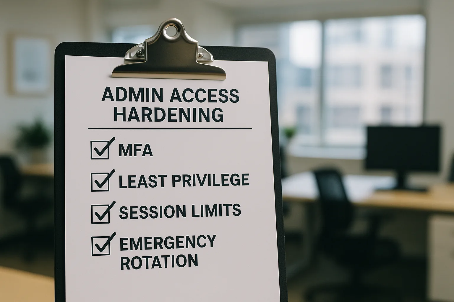 Admin access hardening checklist on clipboard