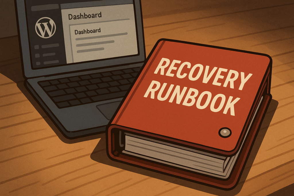 Recovery playbook binder next to a laptop showing WordPress admin