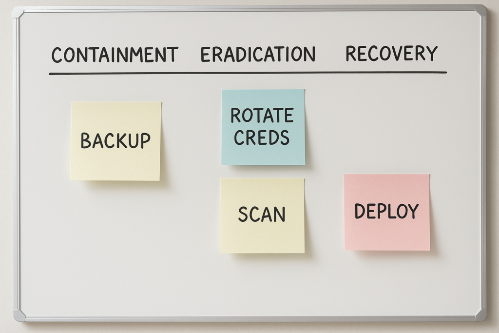 Incident whiteboard showing containment and recovery steps