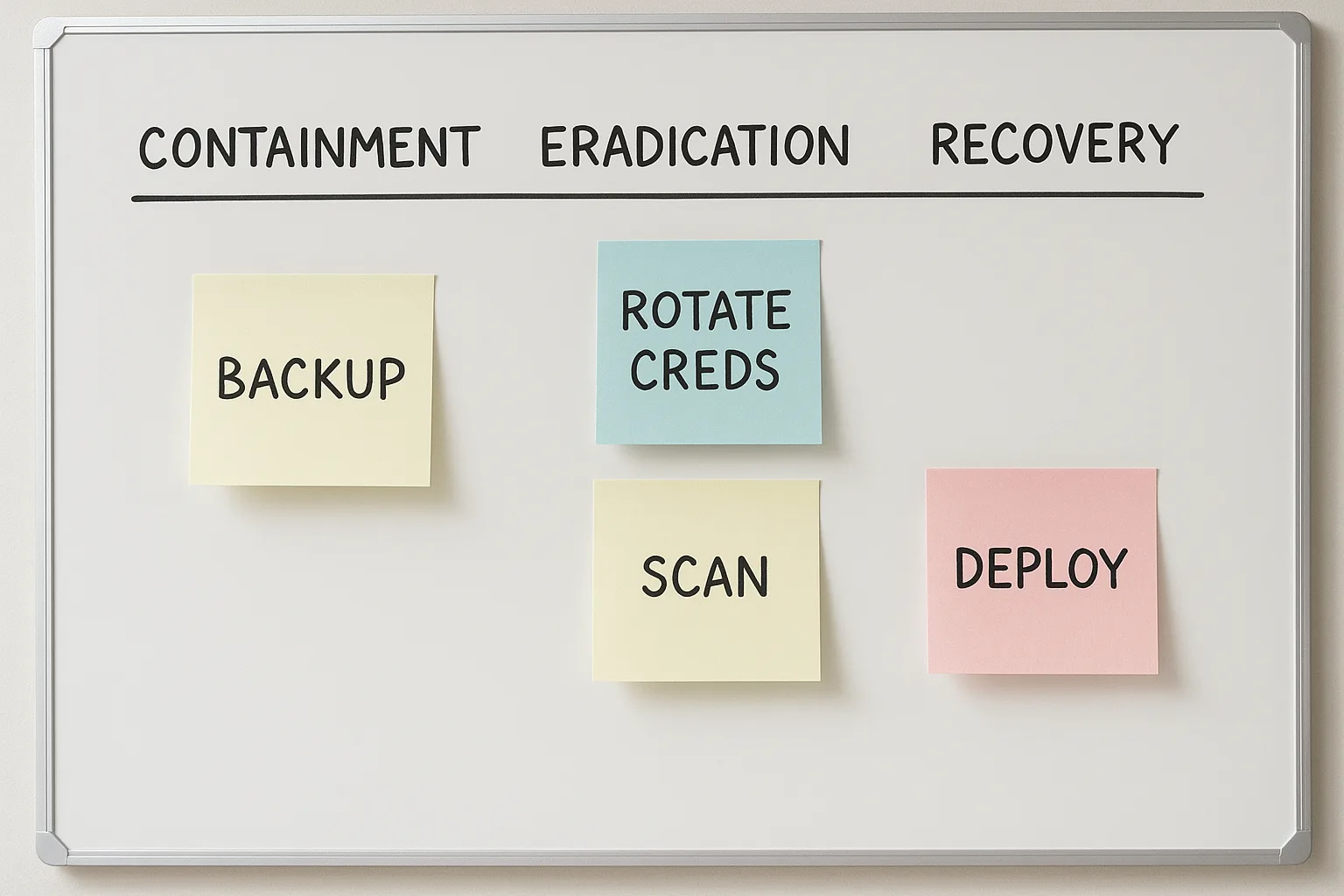 Incident whiteboard showing containment and recovery steps