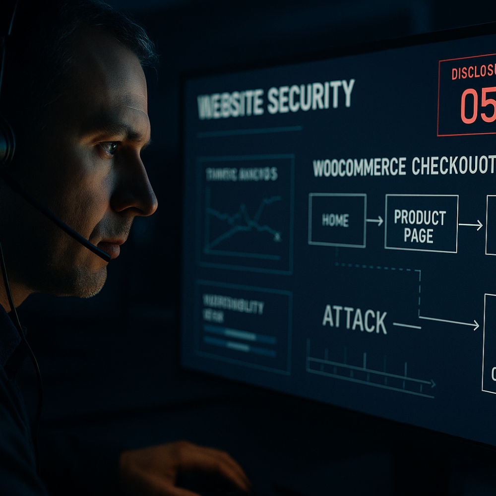 Engineer monitoring security dashboard showing WooCommerce checkout protections and a disclosure countdown.