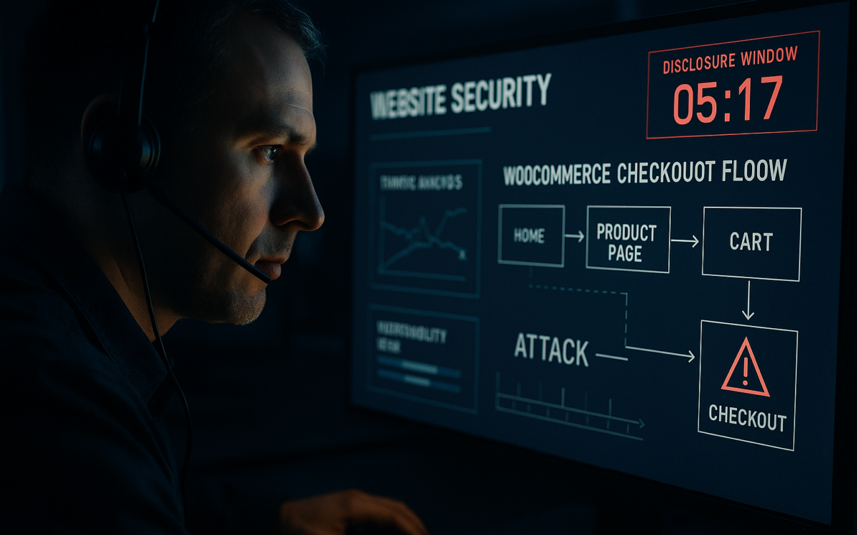Engineer monitoring security dashboard showing WooCommerce checkout protections and a disclosure countdown.