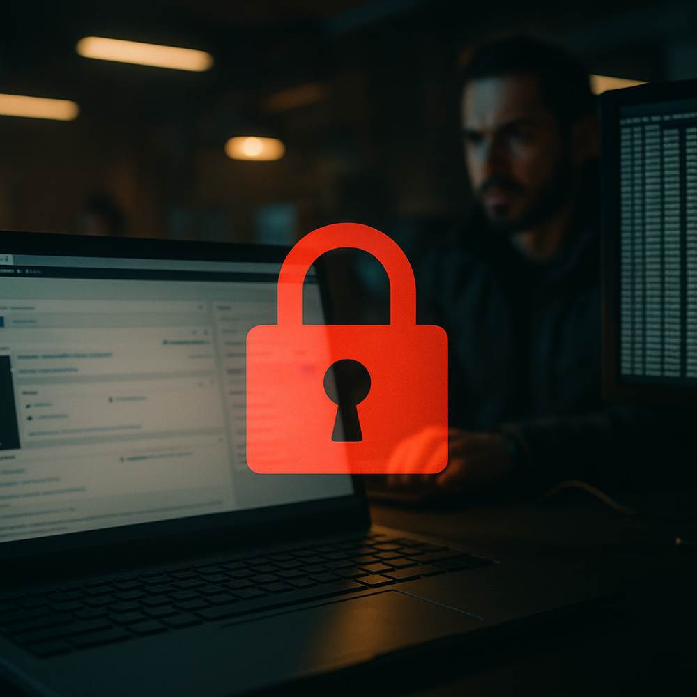 Laptop showing a blurred WordPress admin screen with a red padlock overlay, symbolizing emergency admin lockdown