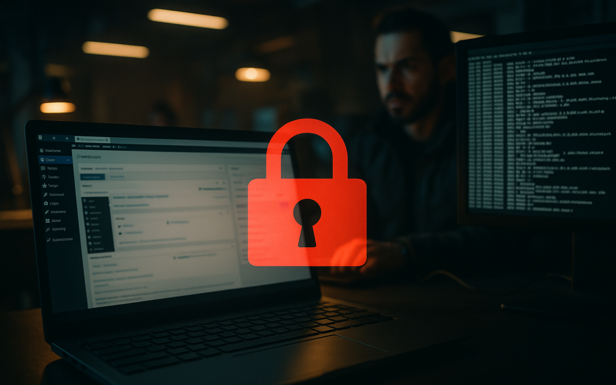 Laptop showing a blurred WordPress admin screen with a red padlock overlay, symbolizing emergency admin lockdown