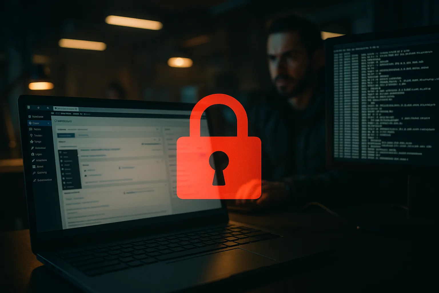 Laptop showing a blurred WordPress admin screen with a red padlock overlay, symbolizing emergency admin lockdown