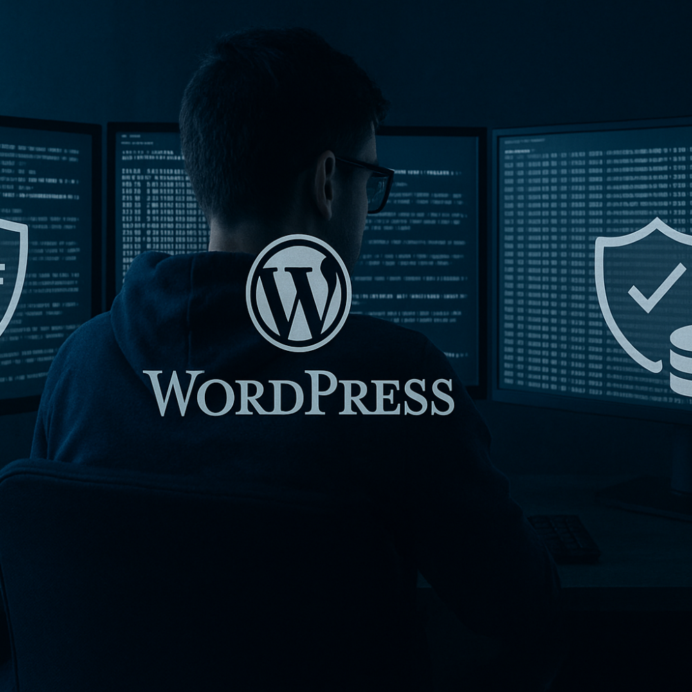 Engineer reviewing WordPress server logs with layered security overlays