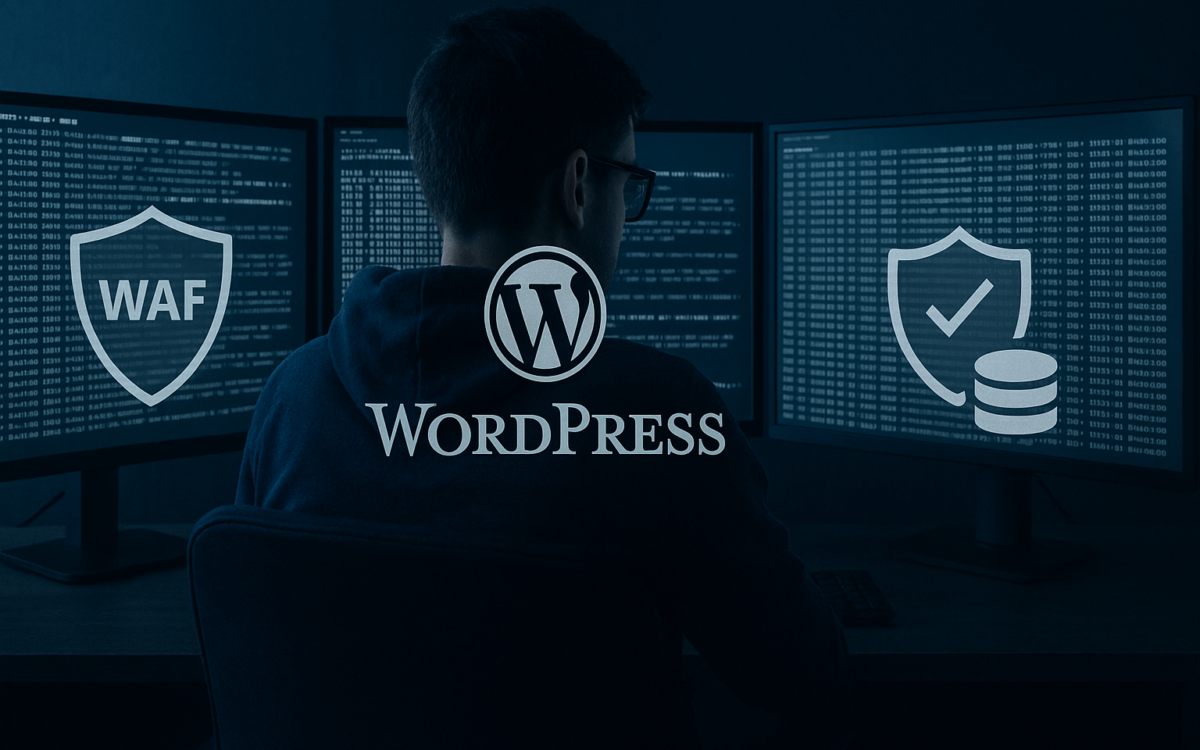 Engineer reviewing WordPress server logs with layered security overlays