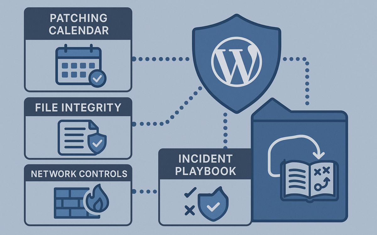 Diagram of layered security controls protecting a WordPress site