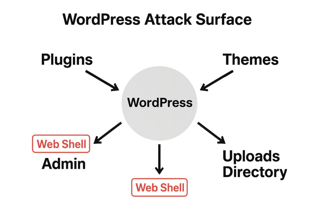 WordPress attack surface and web shell vectors diagram