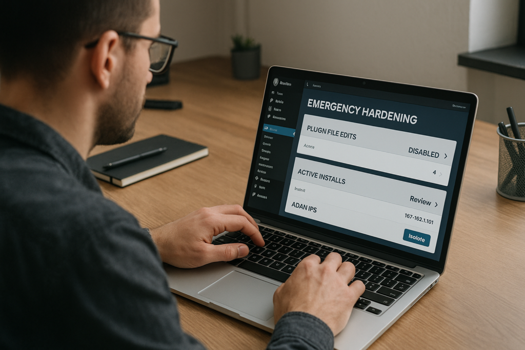 Operator locking down WordPress admin panel and restricting plugin file edits.