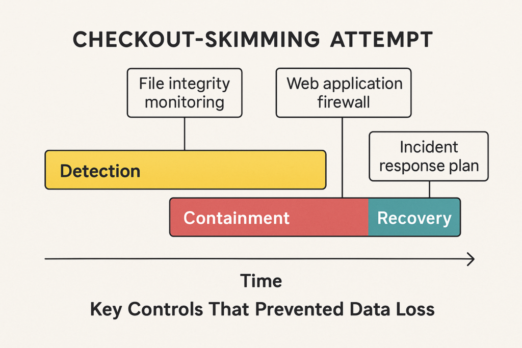 Case-study timeline showing detection and containment of a checkout skimming attempt.