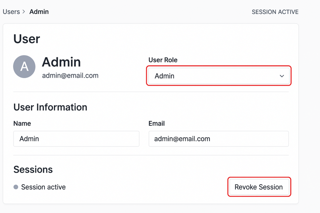 Admin user page mockup highlighting role scoping and session revoke actions
