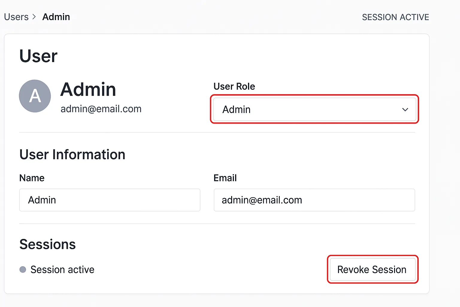 Admin user page mockup highlighting role scoping and session revoke actions