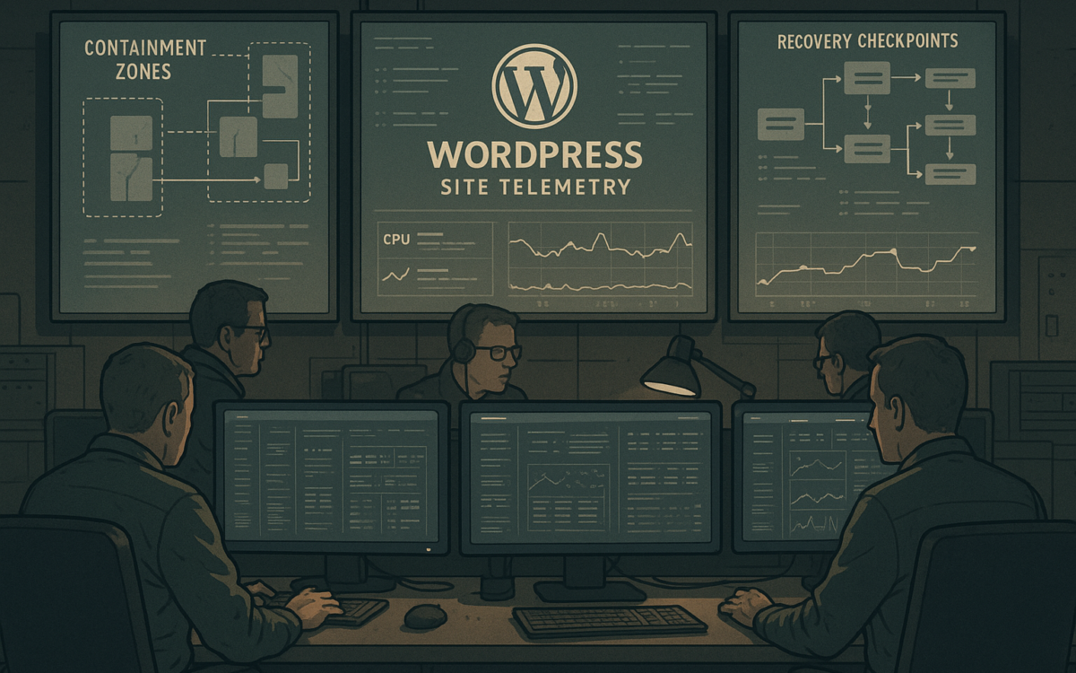 Operations room showing WordPress telemetry monitoring and containment zones.