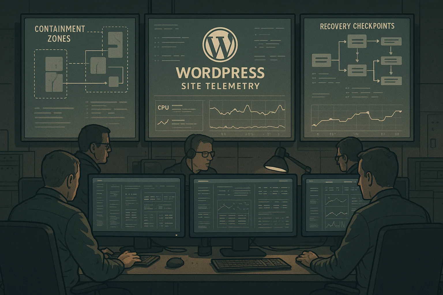 Operations room showing WordPress telemetry monitoring and containment zones.