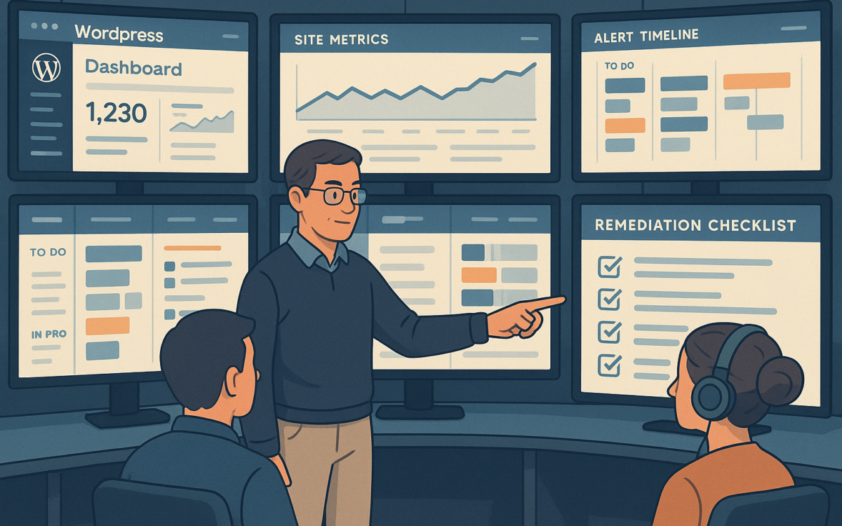Operations monitor showing WordPress telemetry and a remediation checklist