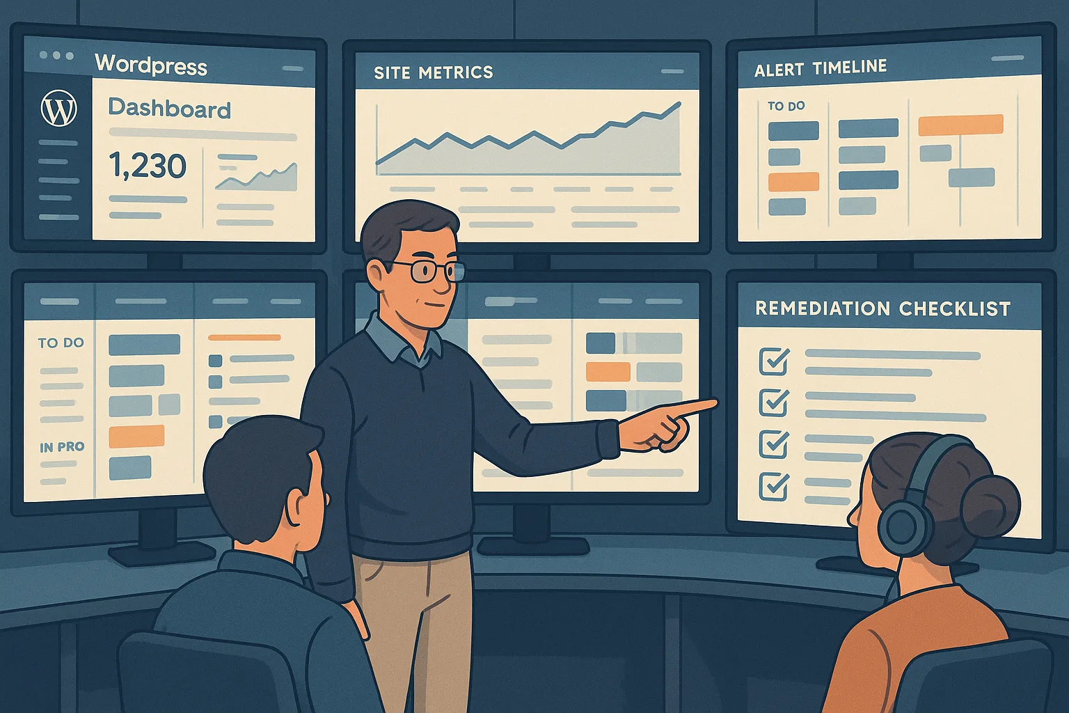 Operations monitor showing WordPress telemetry and a remediation checklist