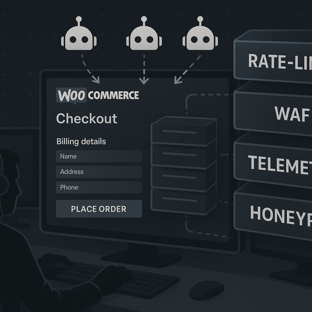Infographic of WooCommerce checkout under automated attack with layered defense blocks