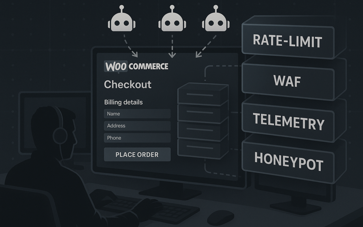 Infographic of WooCommerce checkout under automated attack with layered defense blocks