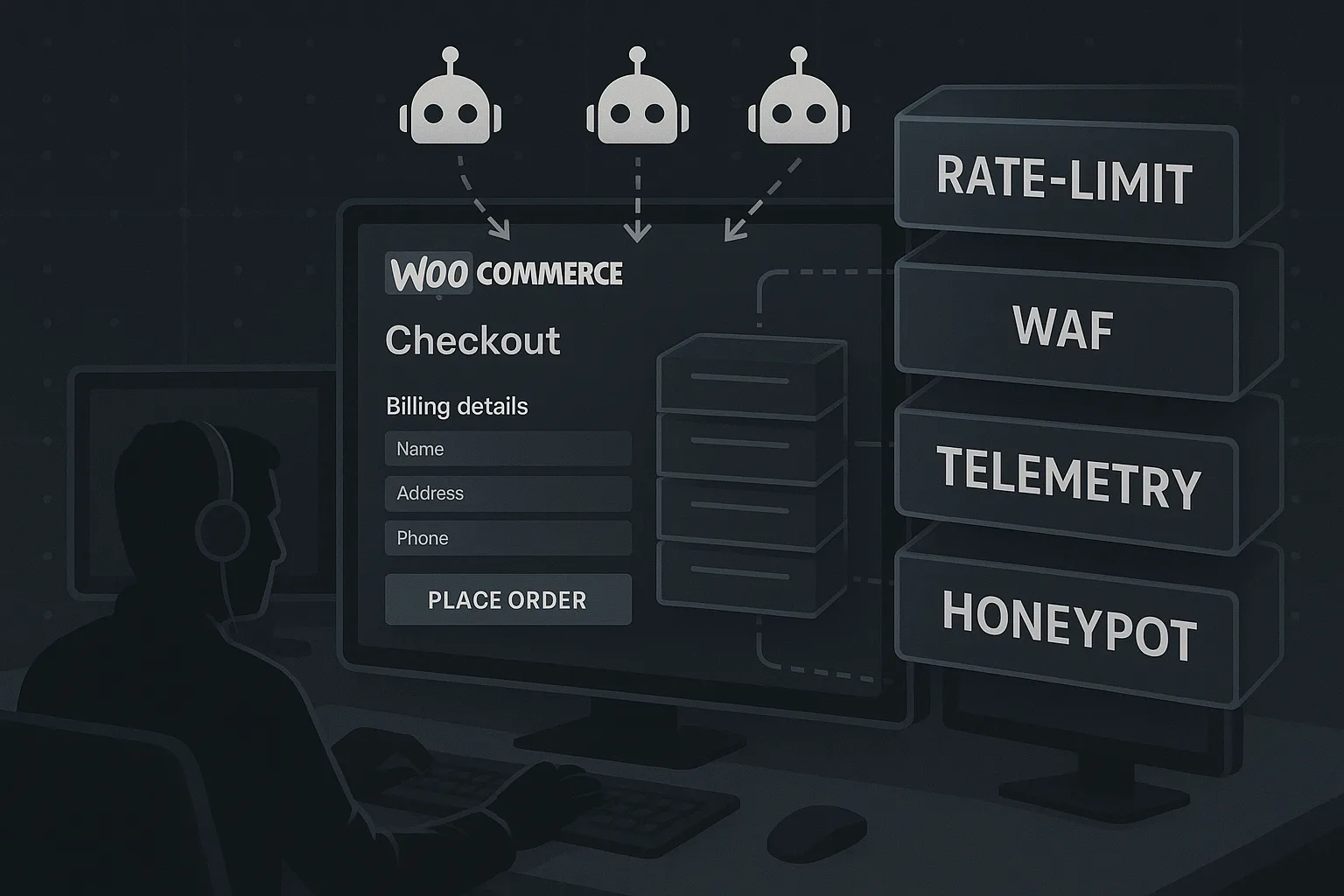 Infographic of WooCommerce checkout under automated attack with layered defense blocks