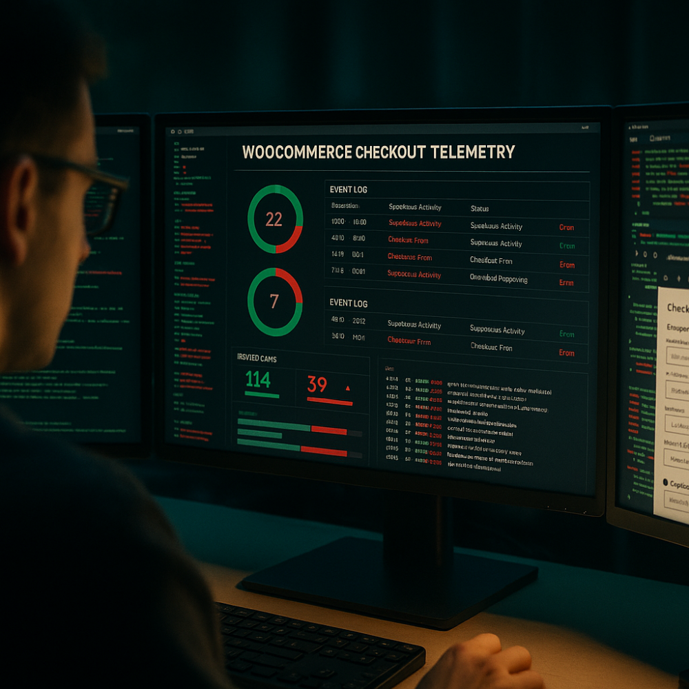 Operator reviewing WooCommerce checkout telemetry on multiple monitors