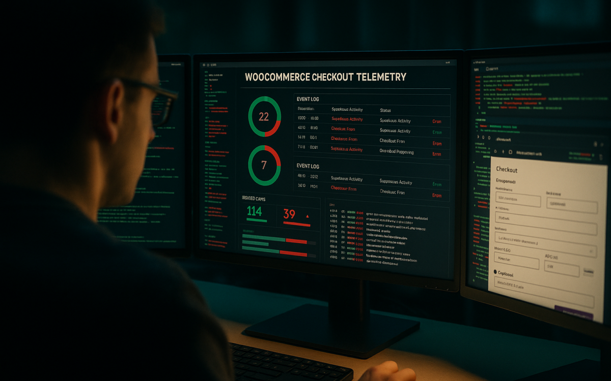 Operator reviewing WooCommerce checkout telemetry on multiple monitors