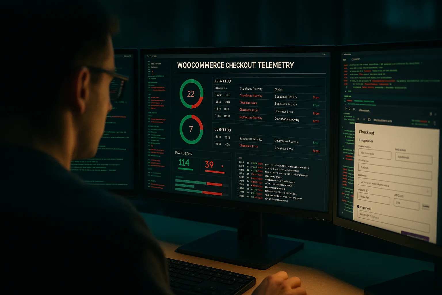 Operator reviewing WooCommerce checkout telemetry on multiple monitors