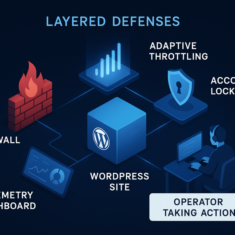 Diagram of layered defenses around a WordPress site including firewall, throttling, lockouts, and telemetry dashboard