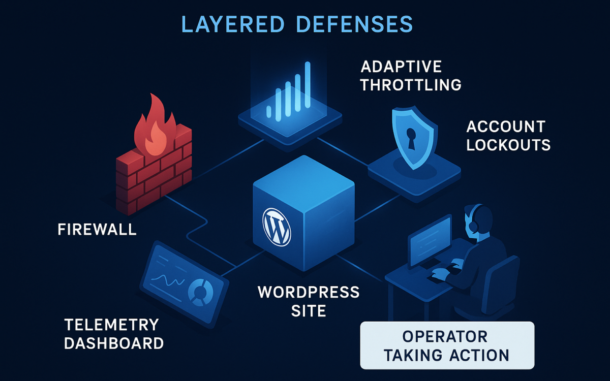 Diagram of layered defenses around a WordPress site including firewall, throttling, lockouts, and telemetry dashboard