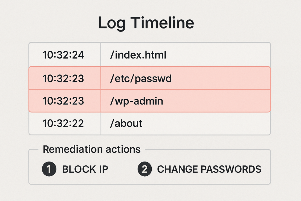 Log timeline with highlighted suspicious requests and remediation labels